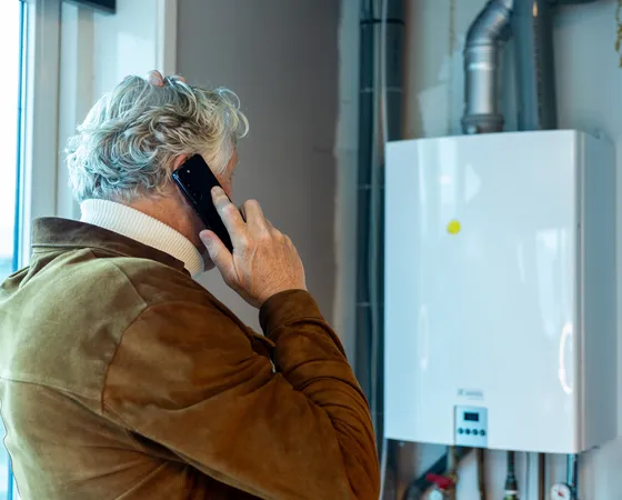 Een persoon staat bij een cv-ketel en belt met een smartphone. De houding en situatie suggereren twijfel of verwarring over de werking van het apparaat. Een herkenbaar moment waarin iemand zoekt naar duidelijkheid bij een technisch probleem.